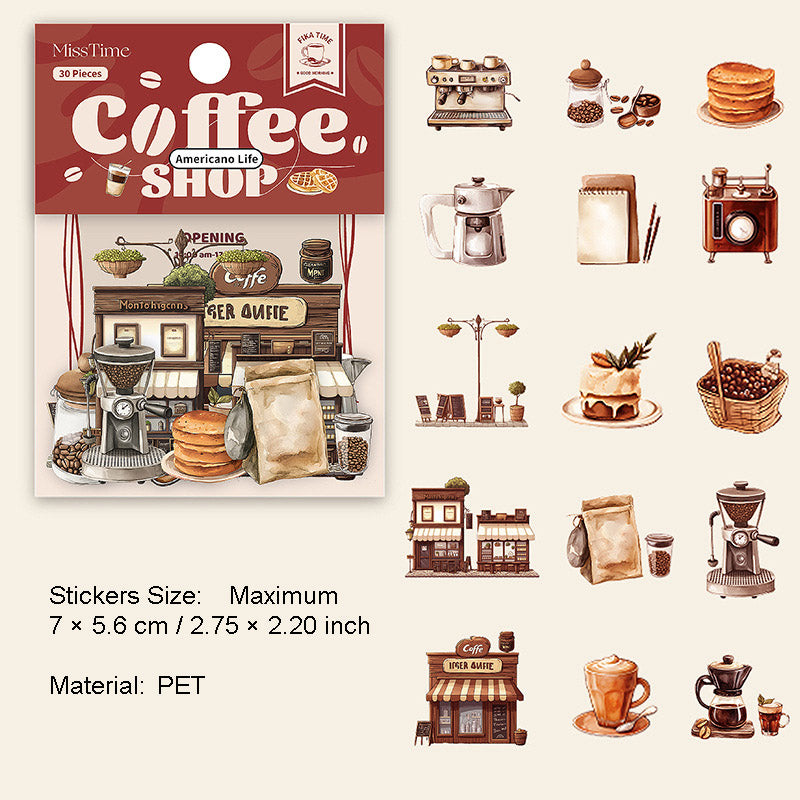 30 Pcs Coffee Shop Theme PET Stickers KFSD