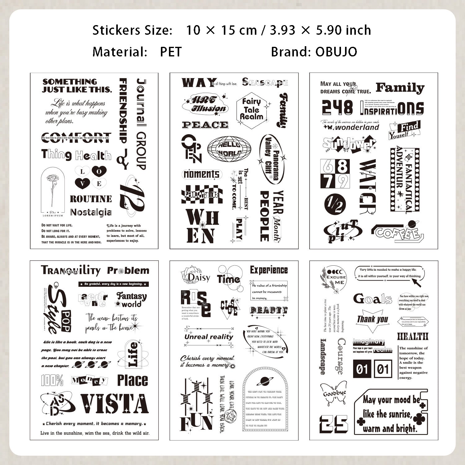 6 Sheets Quote Words PET Stickers JWLX