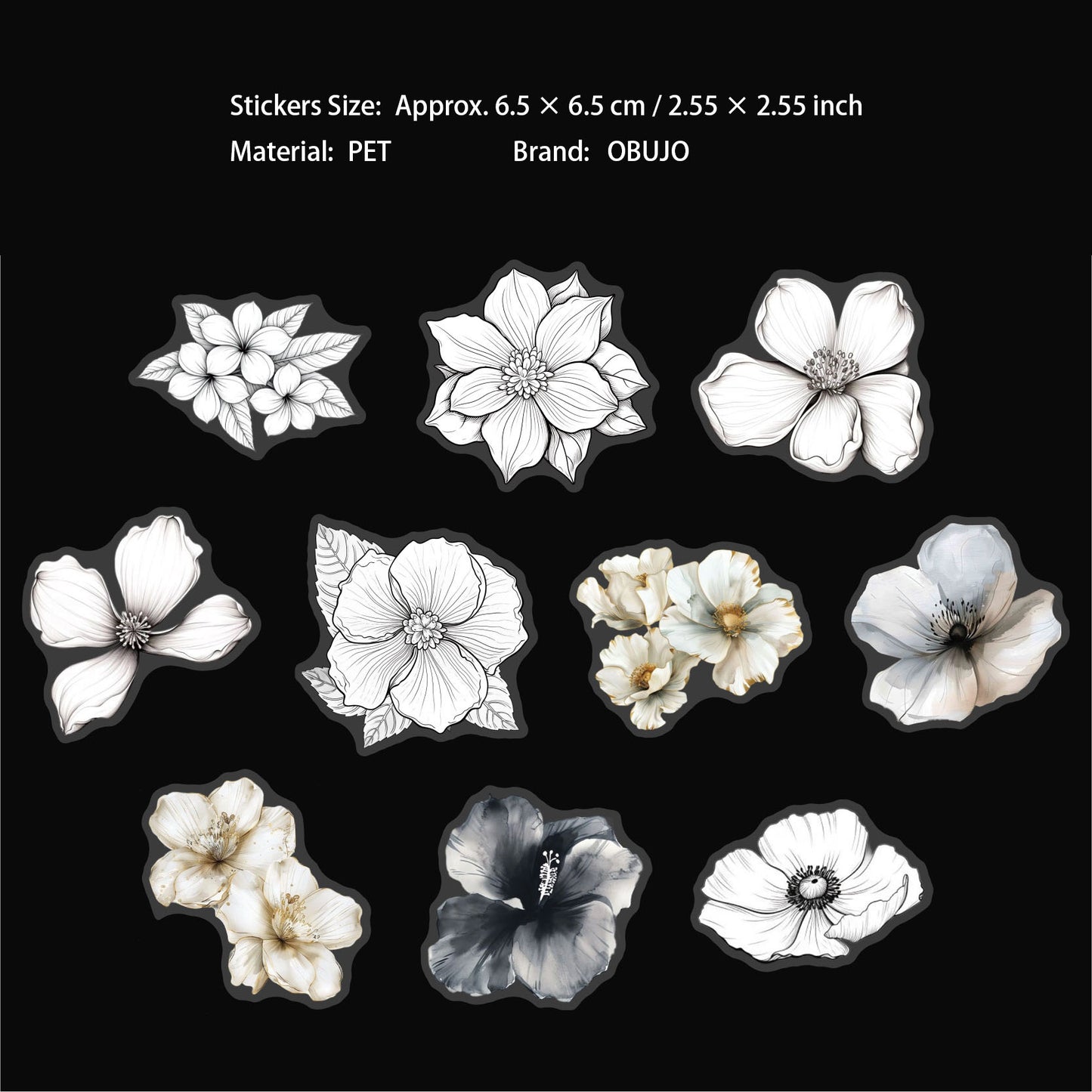 20 Pcs White Flower PET Stickers MYHP