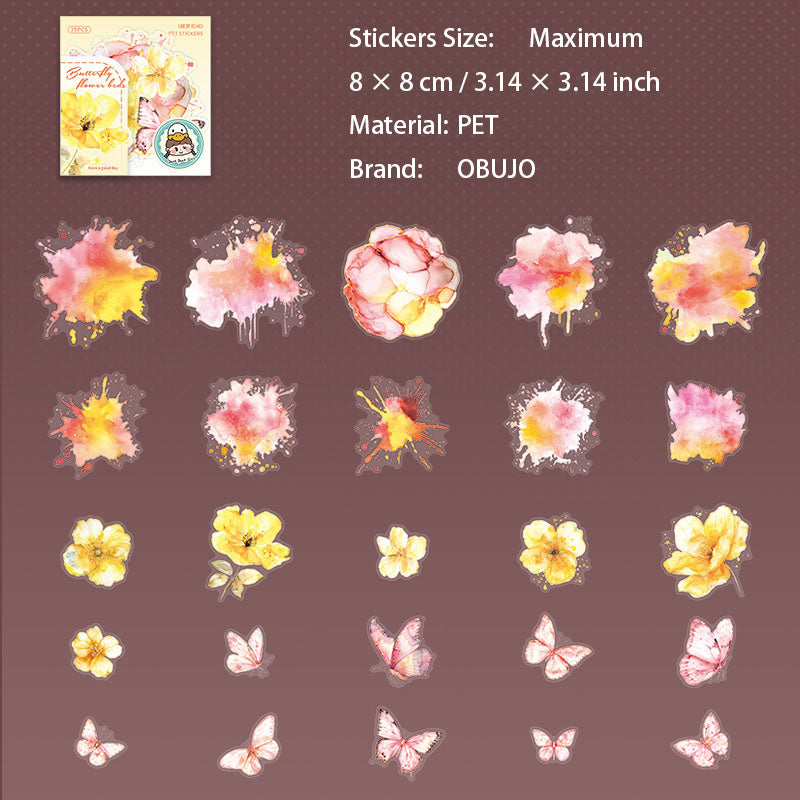 25 Pcs Watercolro Flower Butterfly PET Stickers DMHJ