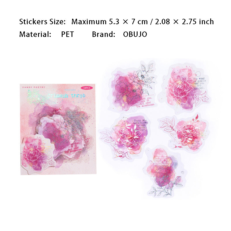 10 Pcs Watercolor Flower PET Stickers LGHP