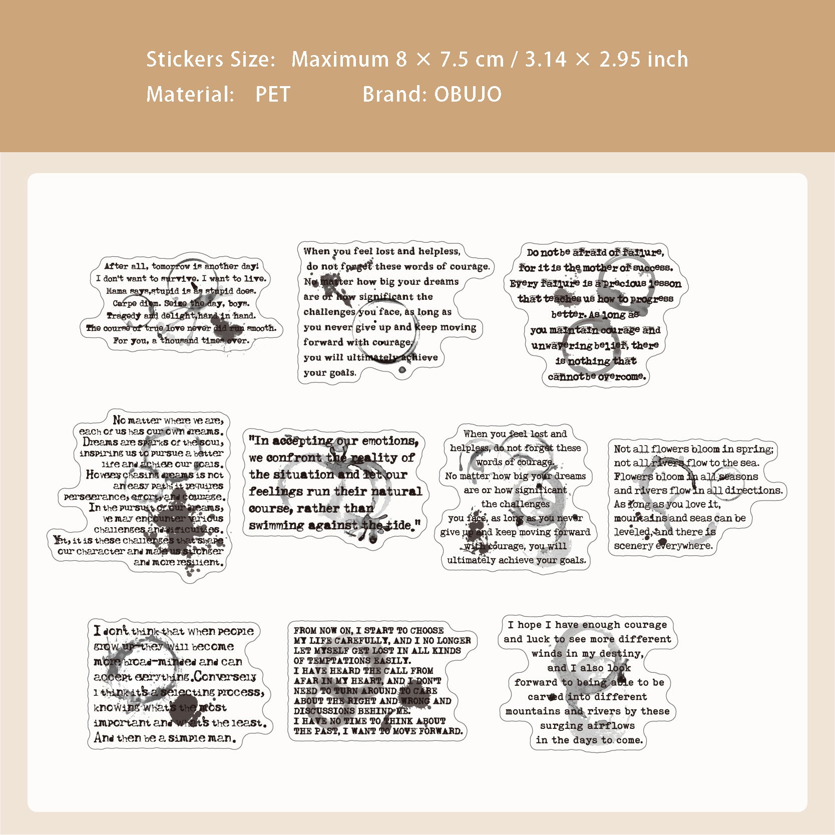 20 Pcs Ink and Quote PET Stickers MRXL