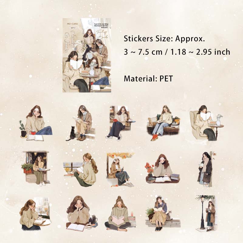 30 Pcs Reading Girl PET Stickers YYDSS