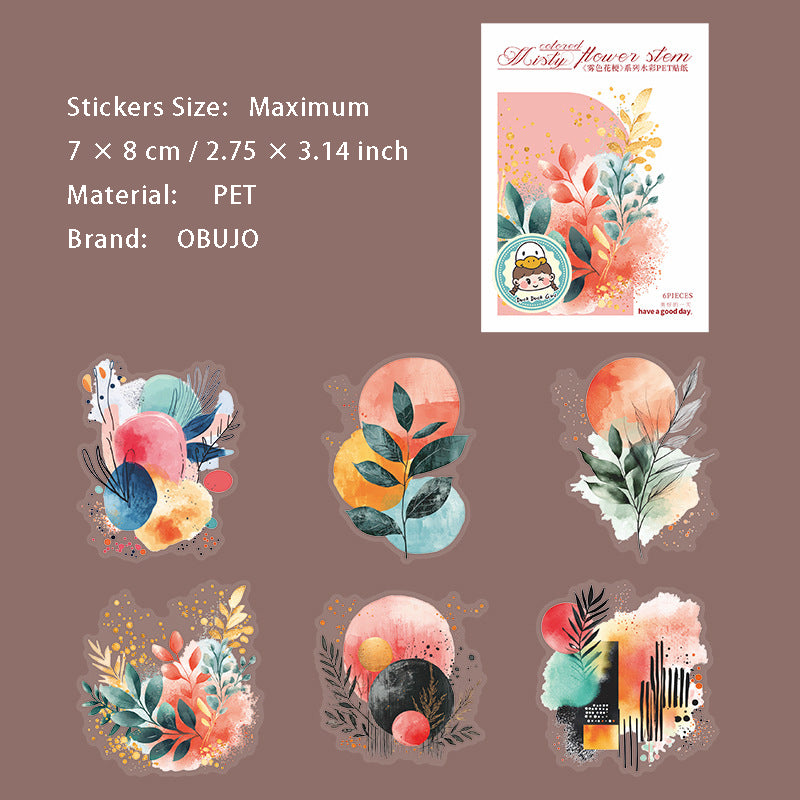 6 Pcs Watercolor Leaf PET Stickers WSHG