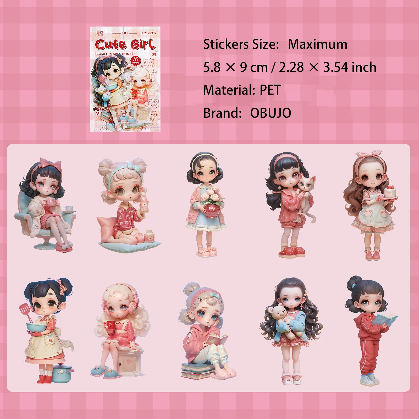 10 Pcs Carton Kids Girl PET Stickers MQSN