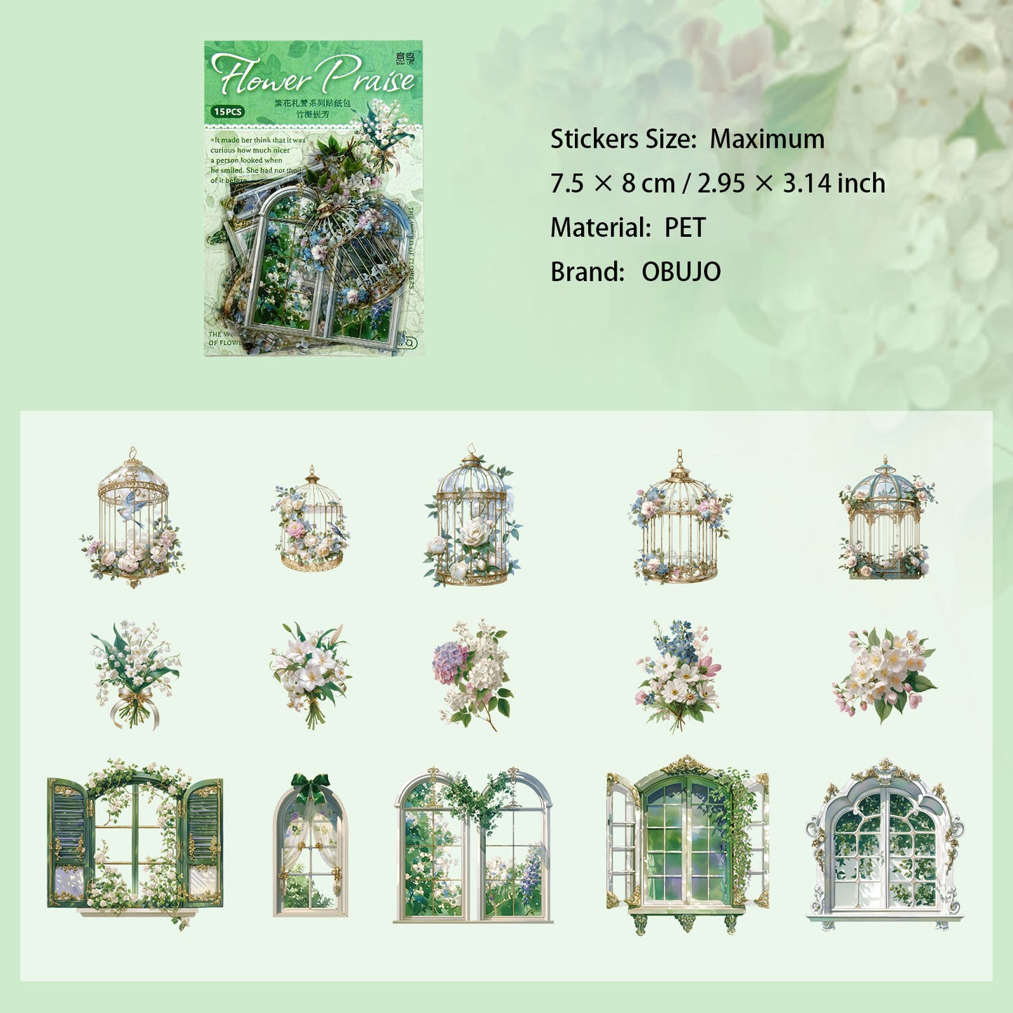 15 Pcs Floral Themed PET Stickers FHLZ