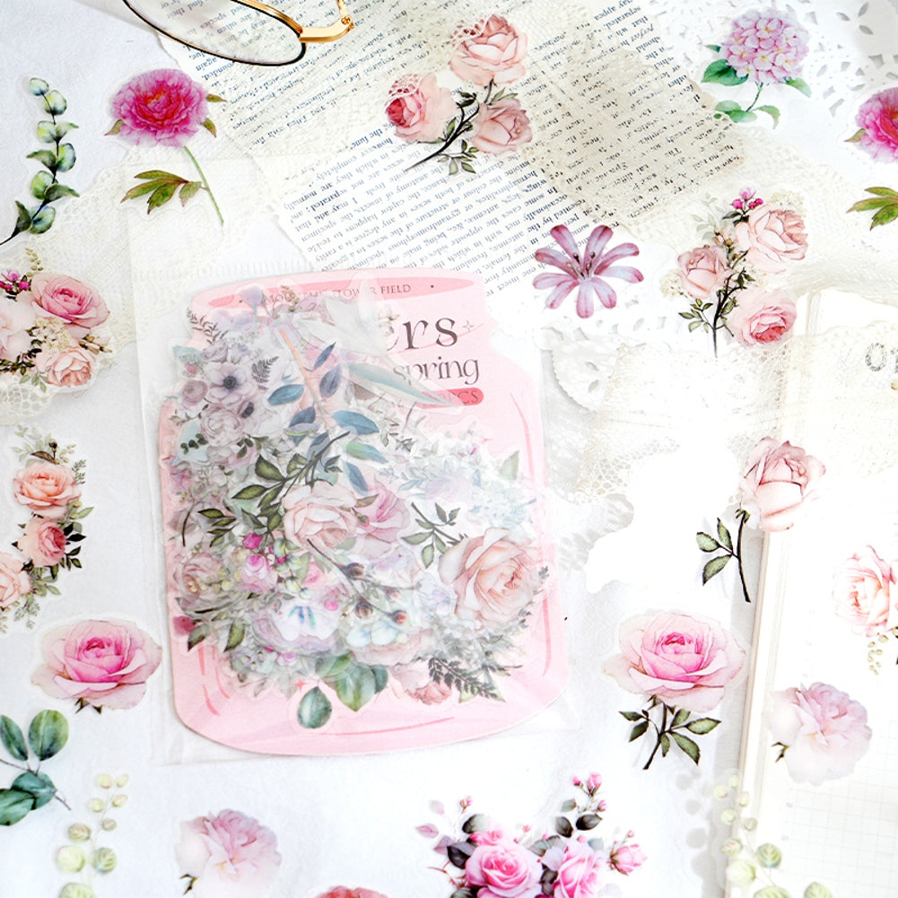 100 Pcs Watercolor Botanical Flowers Stickers - Pink