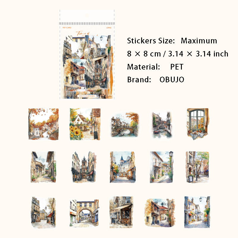 15 Pcs Watercolor Landscape PET Stickers CSSC