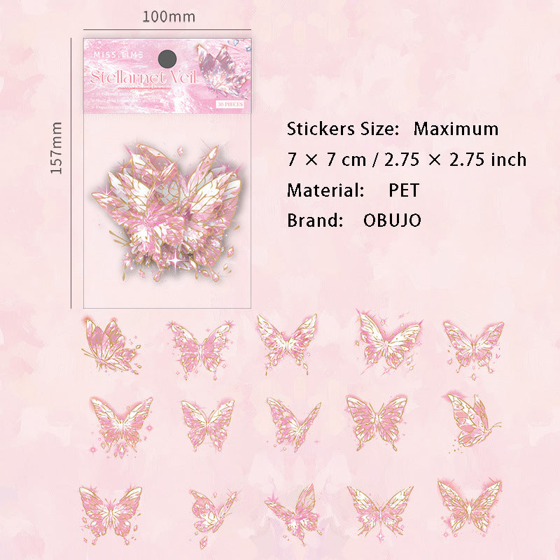 30 Pcs Shell Light Butterfly PET Stickers XMDL