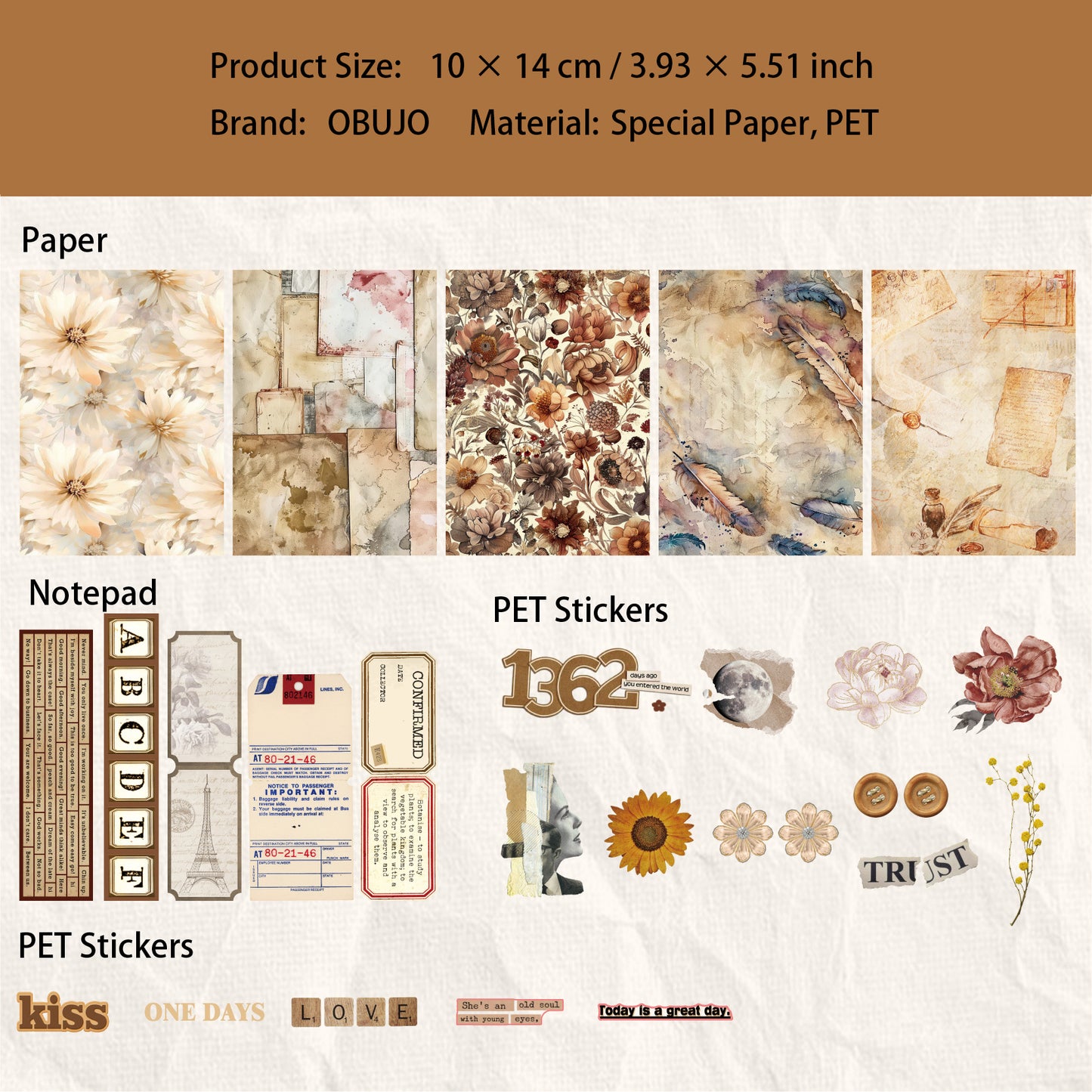 50 Pcs Vintage Floral Journal Paper and Stickers Kit DLHY