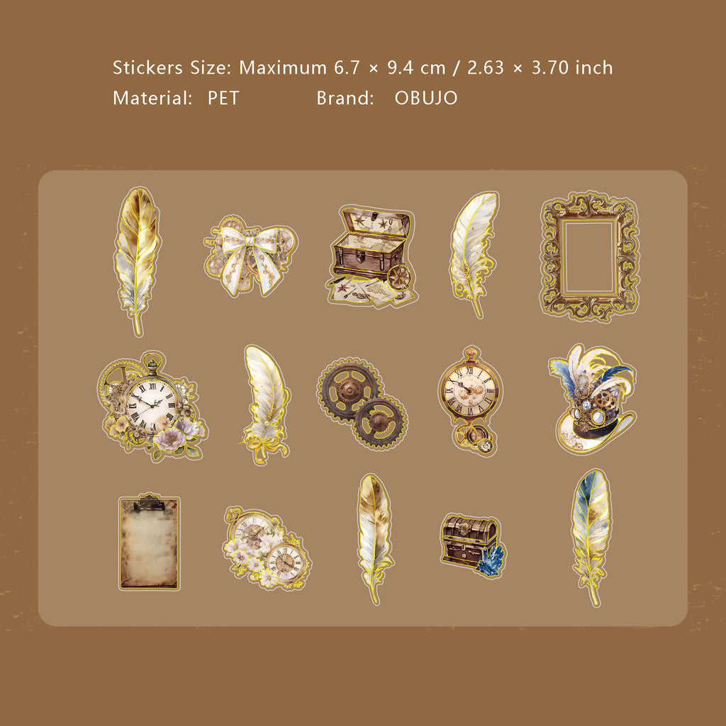 15 Pcs Gold Foil Vintage Feather PET Stickers YYPZ
