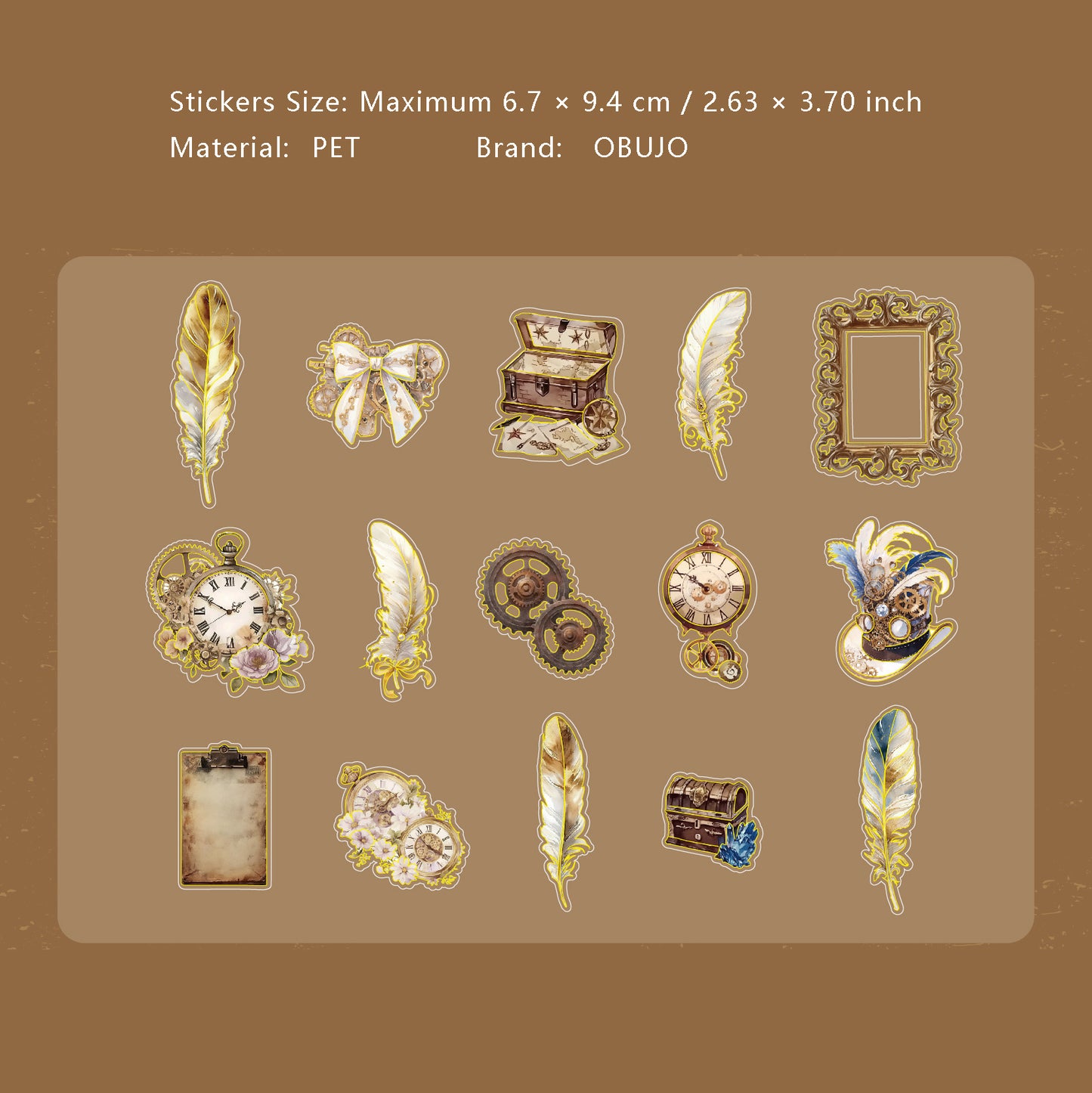 15 Pcs Gold Foil Vintage Feather PET Stickers YYPZ