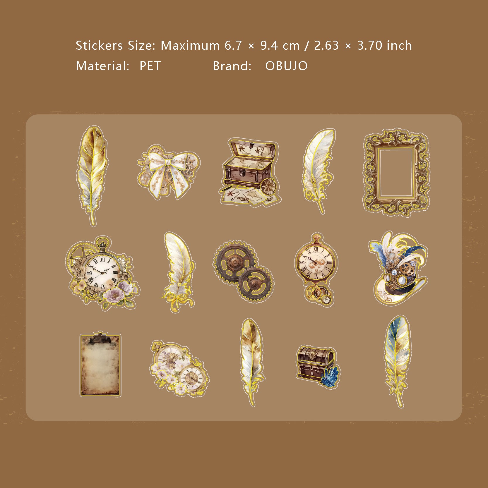 15 Pcs Gold Foil Vintage Feather PET Stickers YYPZ