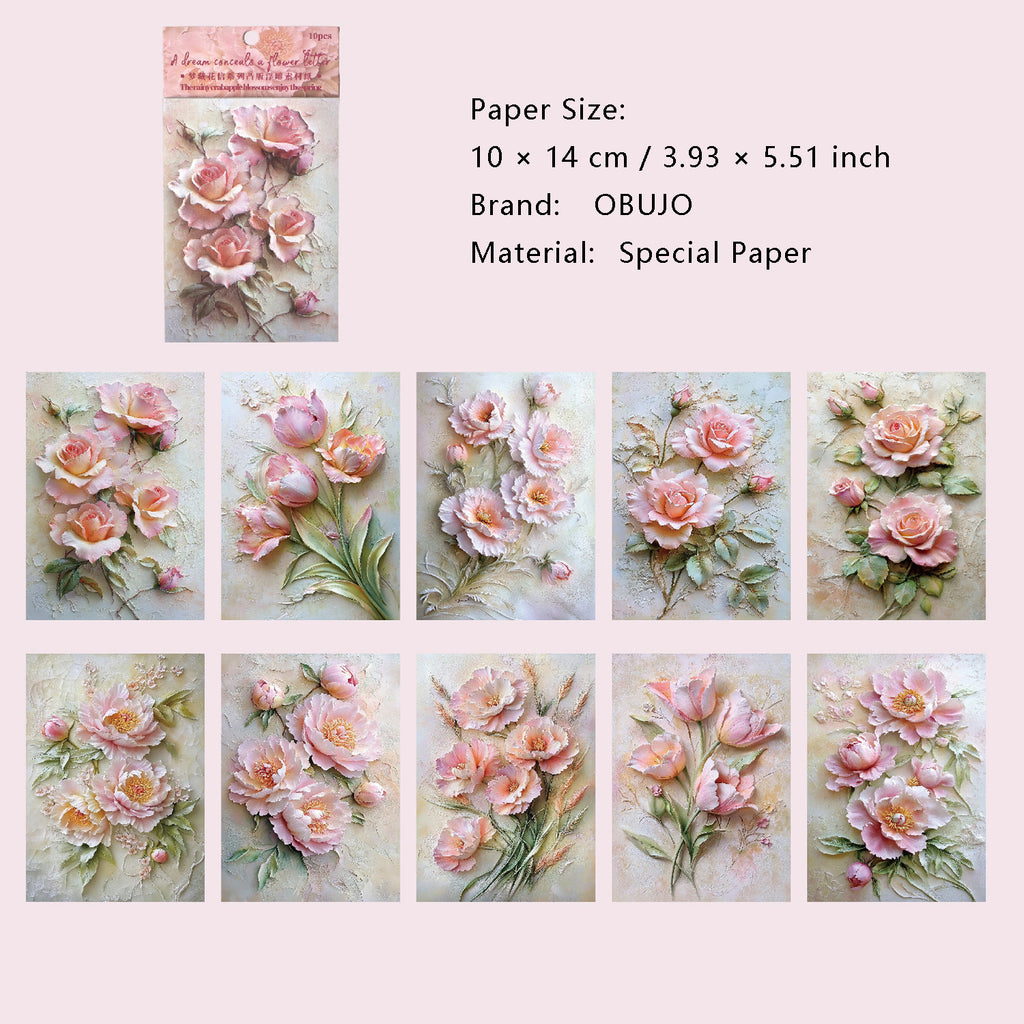 10 Sheets Oil Painting Flower Embossed Paper MCHX