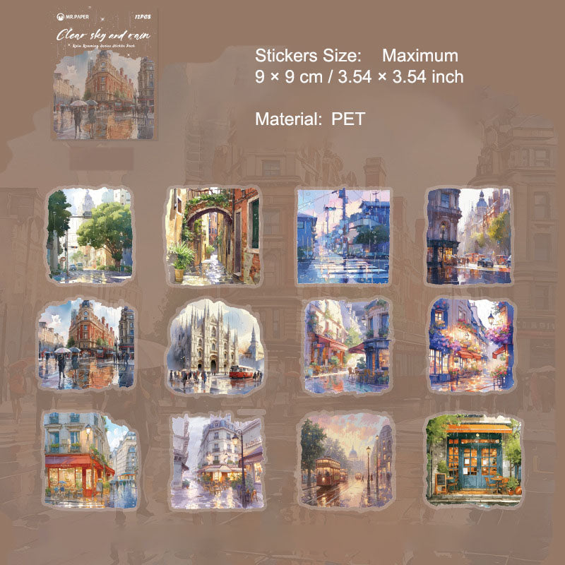12 Pcs Rainy Street PET Stickers YZMB