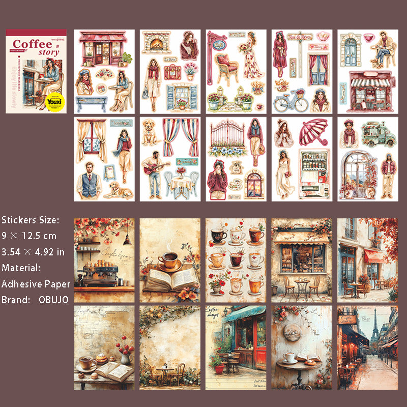 20 Sheets Coffee Themed Paper and Stickers Book KFGGU
