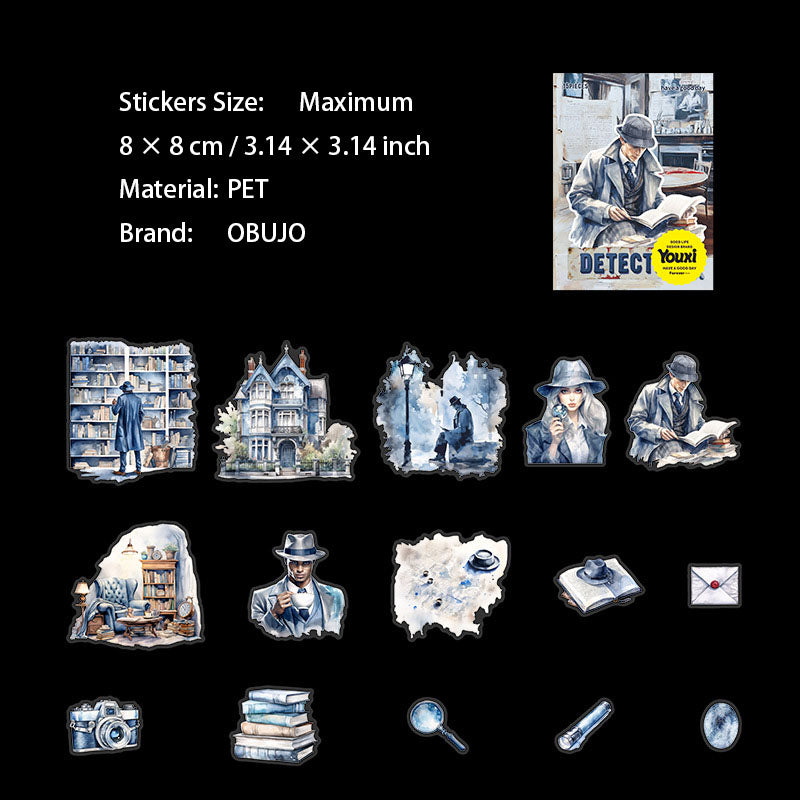 15 Pcs Detective Themed PET Stickers FEMSRZ