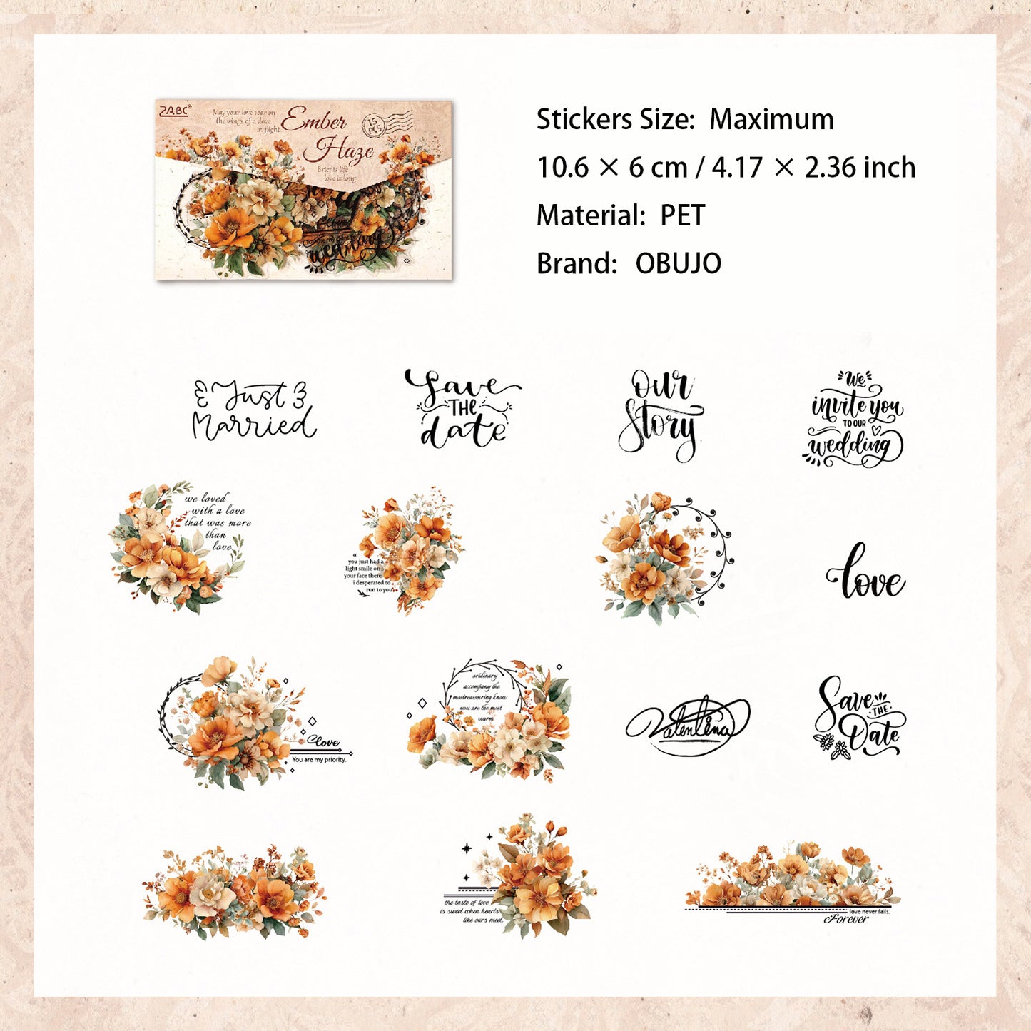 15 Pcs Flower and Words PET Stickers TYSY