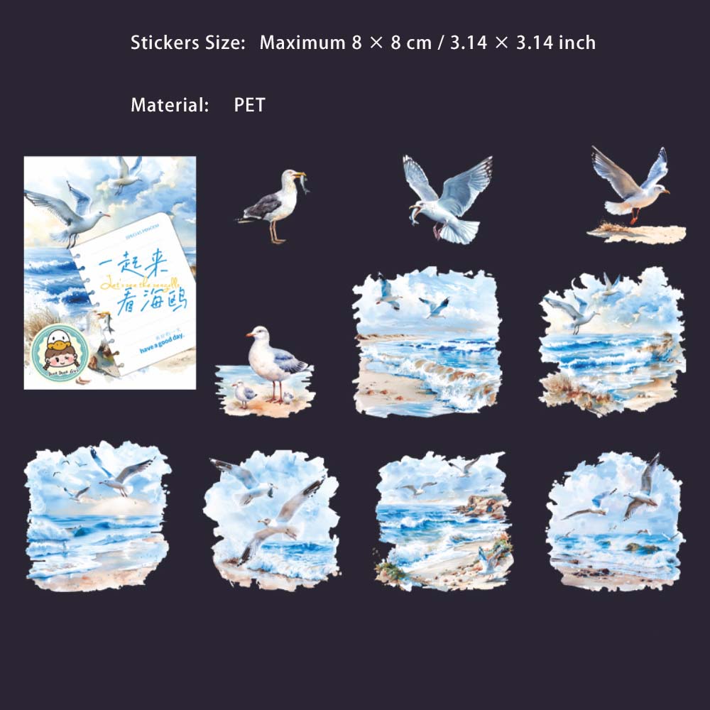 10 Pcs Glitter Seagull PET Stickers YQKHO