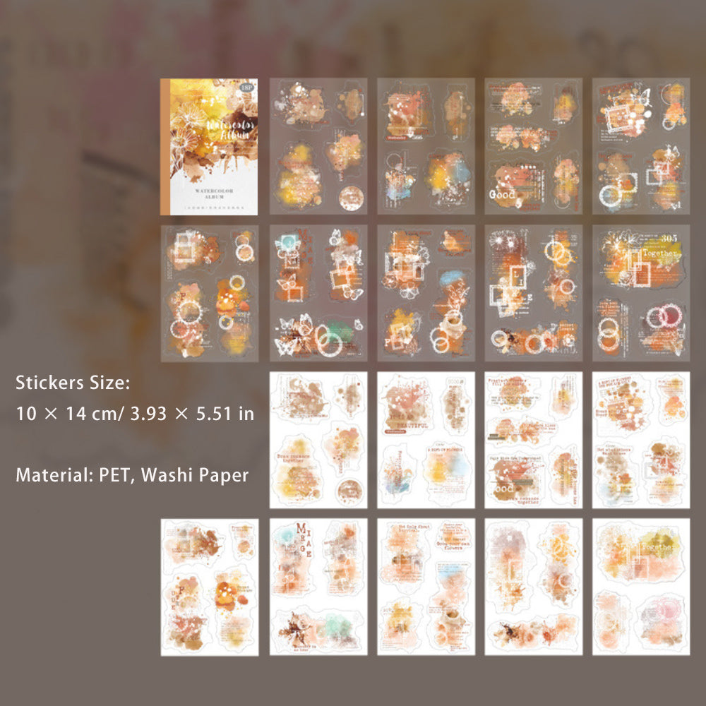 18 Sheets Watercolor PET Stickers Book SCHC