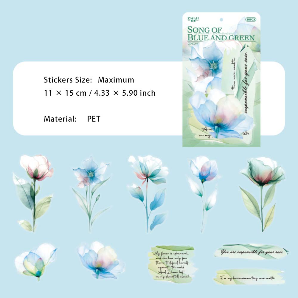 10 Pcs Watercolor PET Flower Stickers QMHD