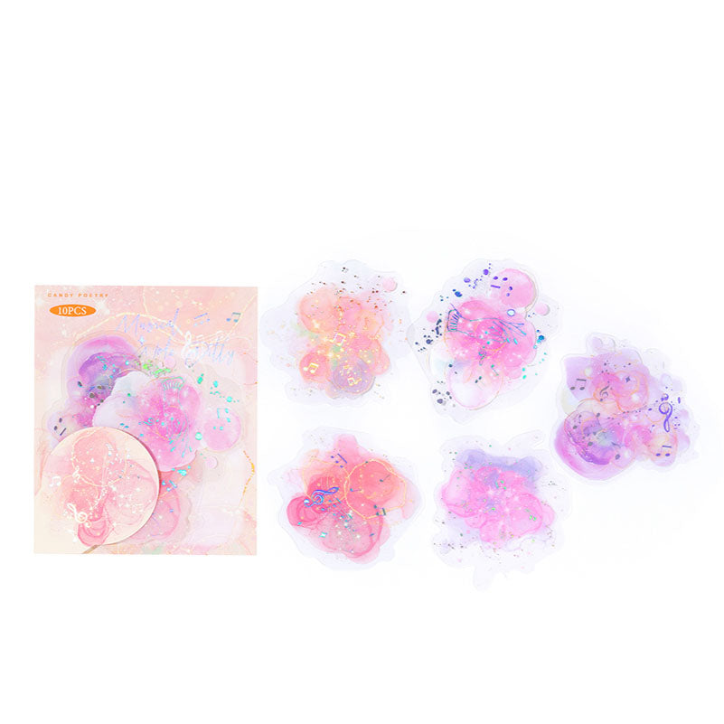 10 Pcs Holographic Silver Alcohol Ink PET Stickers - Musical