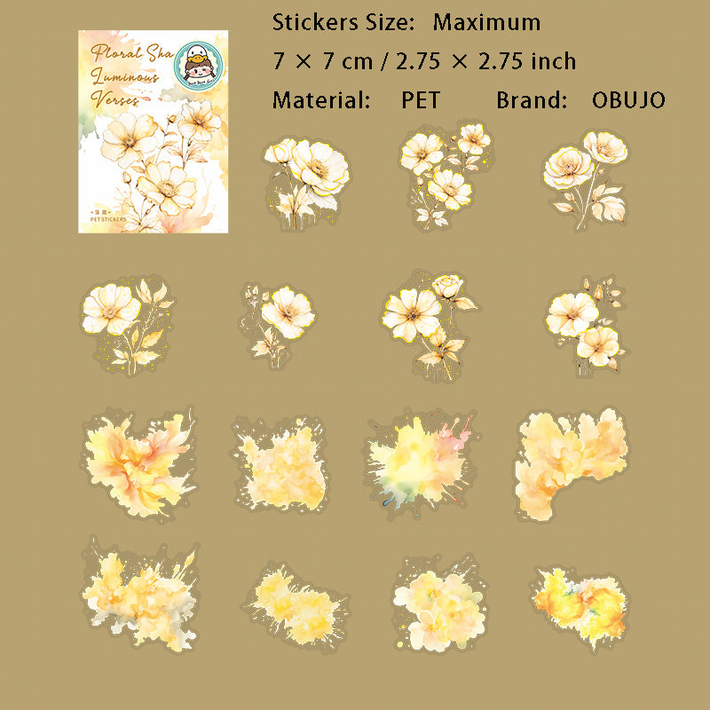 15 Pcs Glitter Watercolor Flower PET Stickers HYHZ