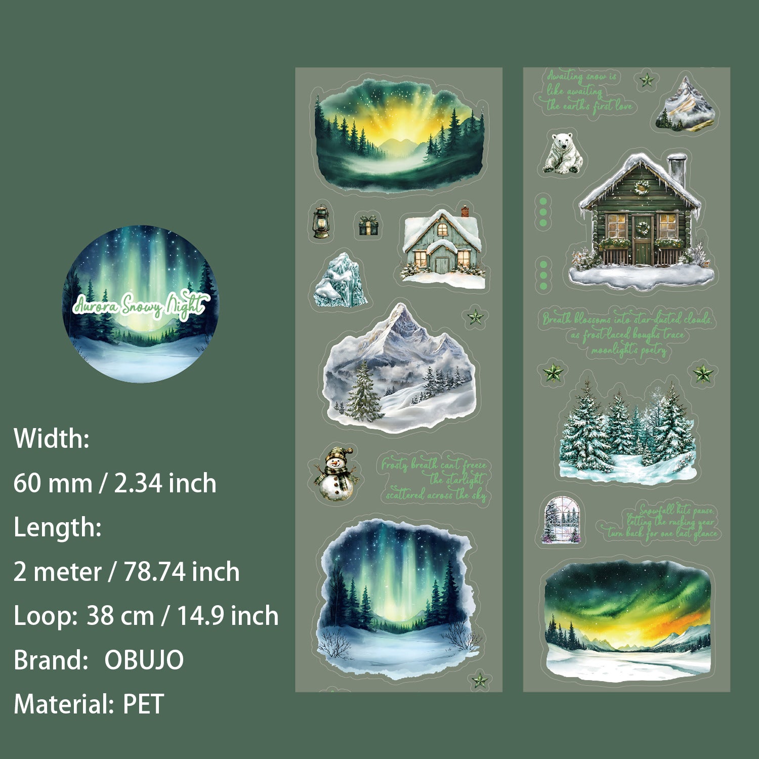 1 Roll Winter Aurora Themed PET Stickers Tape YDCX