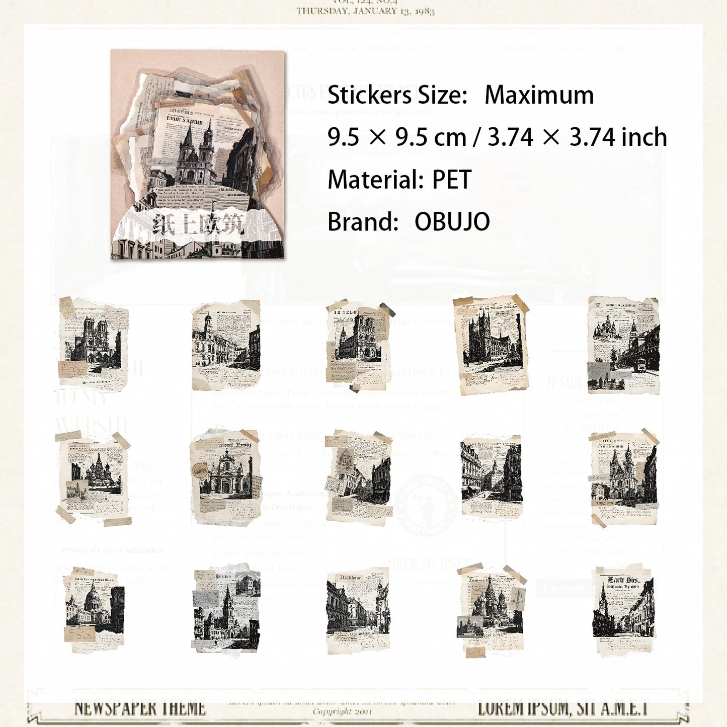 15 Pcs Vintage Newspaper PET Stickers PTJC