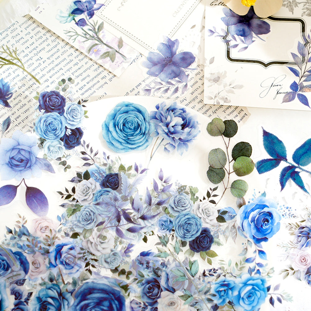100 Pcs Watercolor Botanical Flowers Stickers - Blue