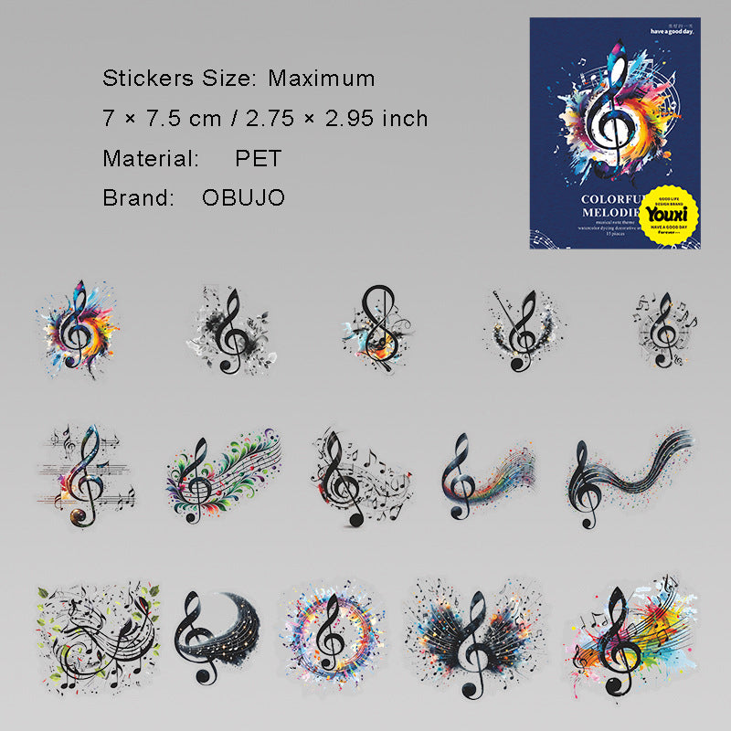 15 Pcs Watercolor Musical Notes PET Stickers CSXL