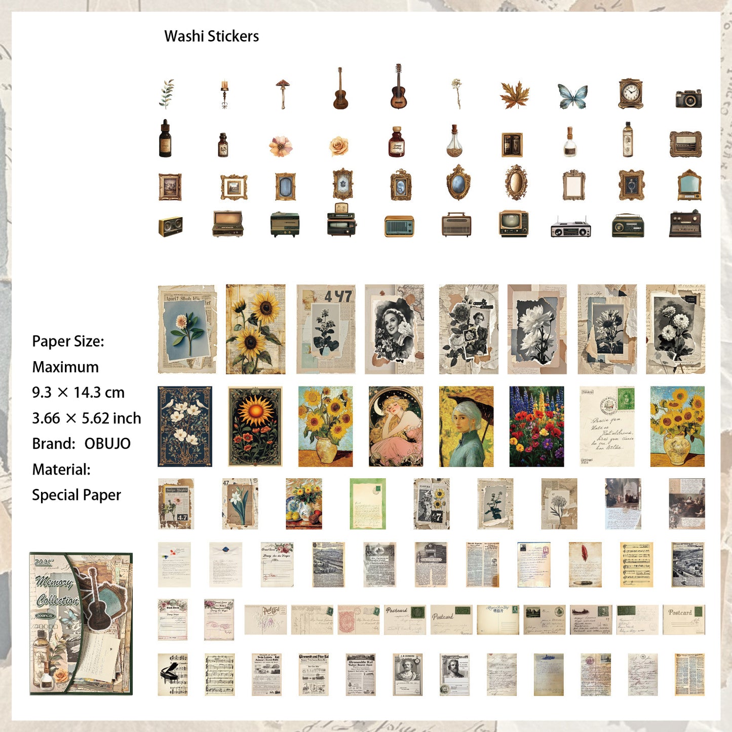 200 Pcs Vintage Junk Journal Stickers and Paper Kit for Starter YXMX