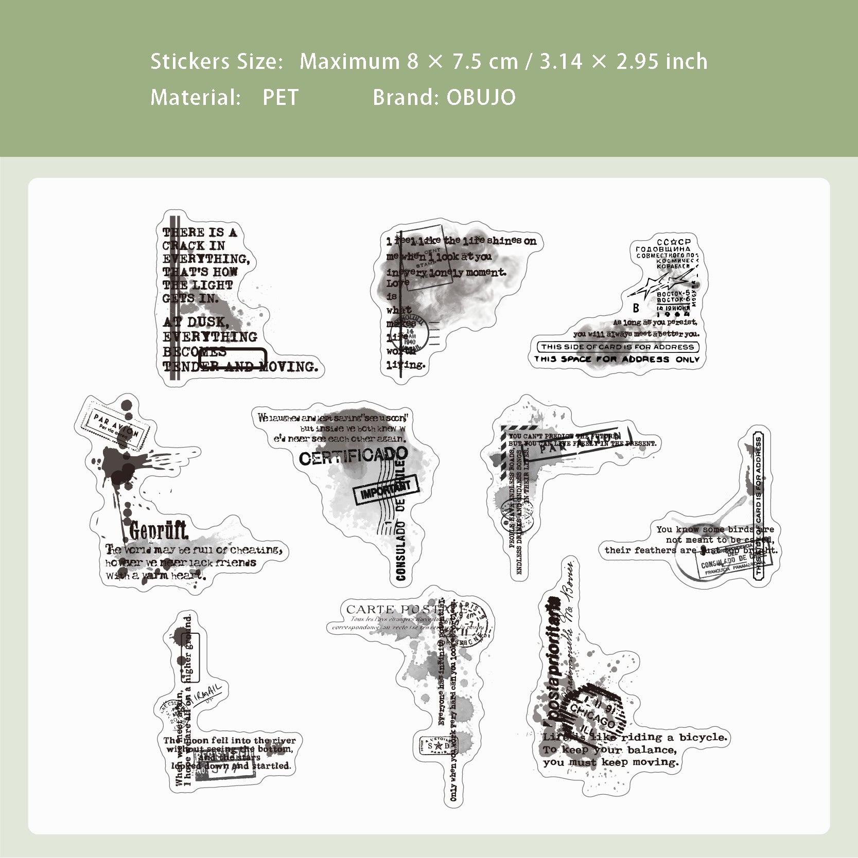 20 Pcs Ink and Quote PET Stickers MRXL