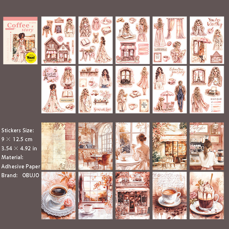 20 Sheets Coffee Themed Paper and Stickers Book KFGGU
