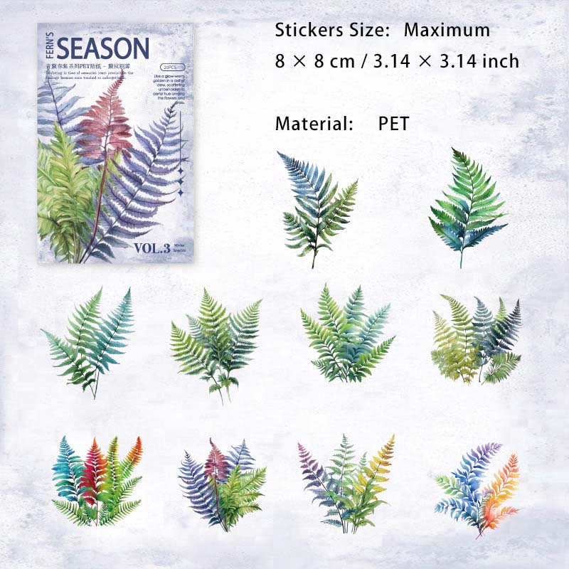 20 Pcs Green Plants Ferns PET Stickers QJCJ