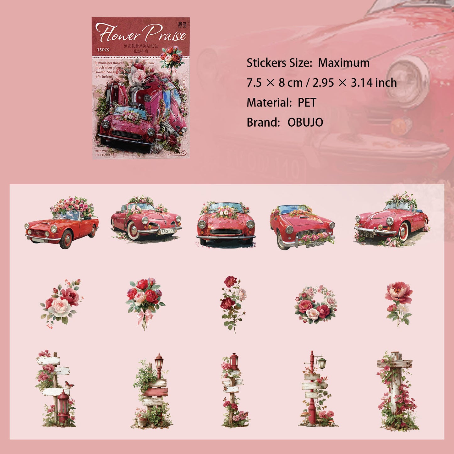 15 Pcs Floral Themed PET Stickers FHLZ