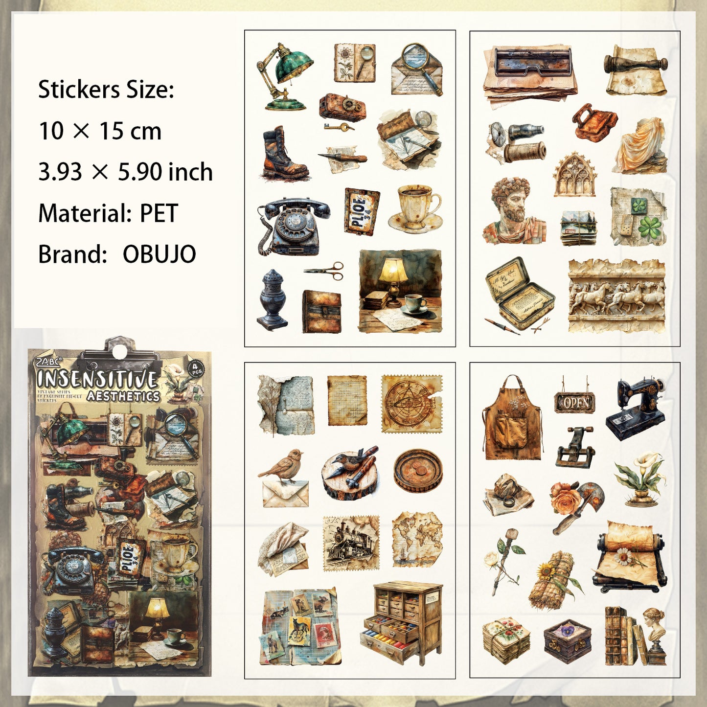 4 Sheets Vintage Junk Journal Stickers GZJW