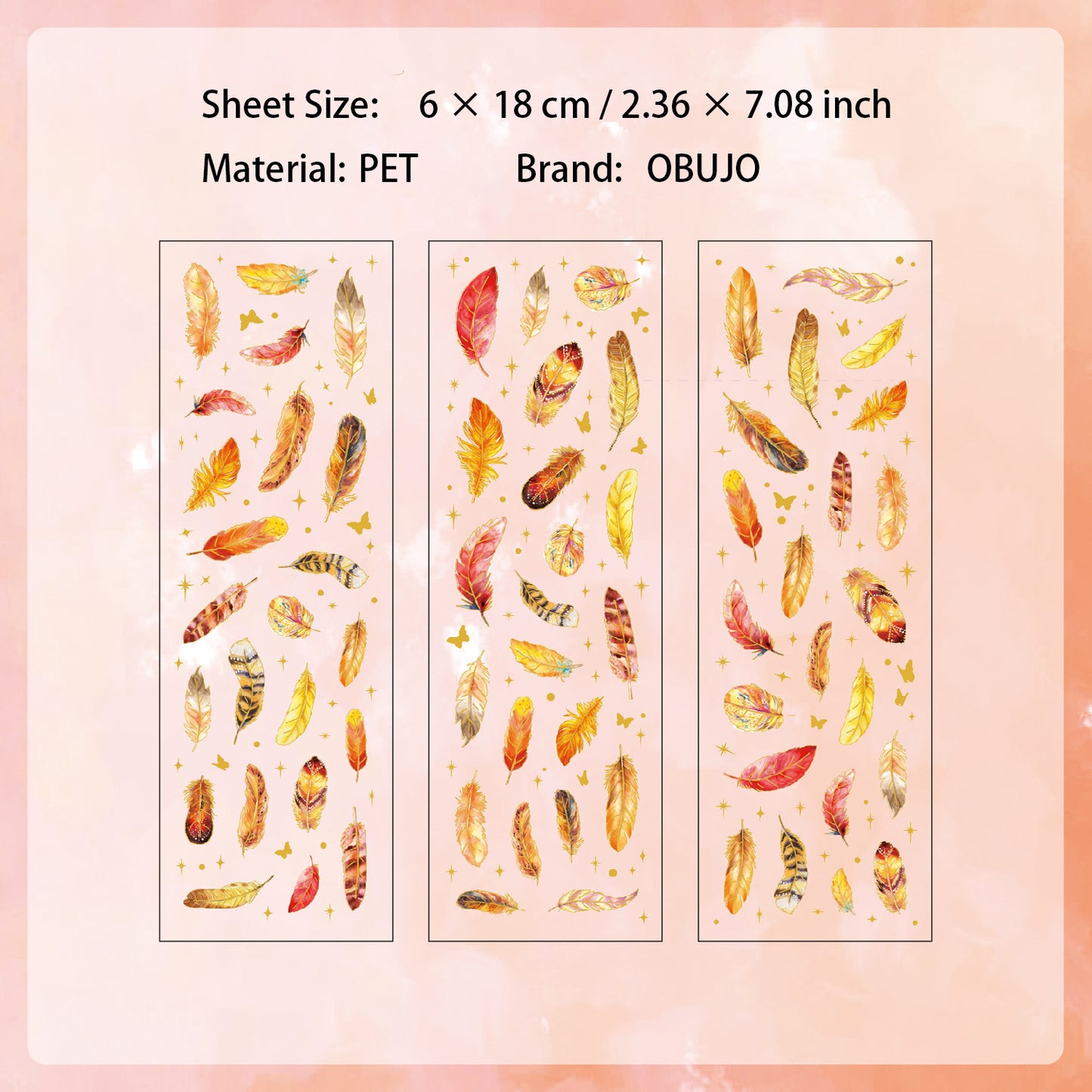 3 Sheets Gold Foil Feather PET Stickers YLWG