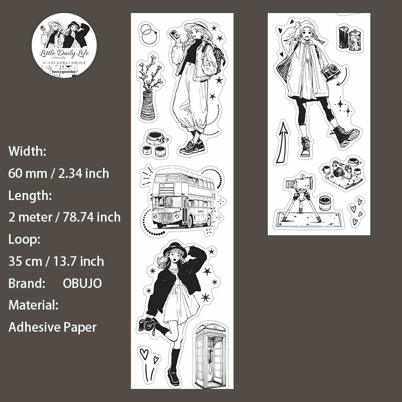 1 Roll Black White Girl Daily Washi Stickers Tape XRCX