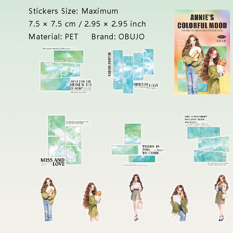 10 Pcs Watercolor Mood Girl PET Stickers ANBLXQ