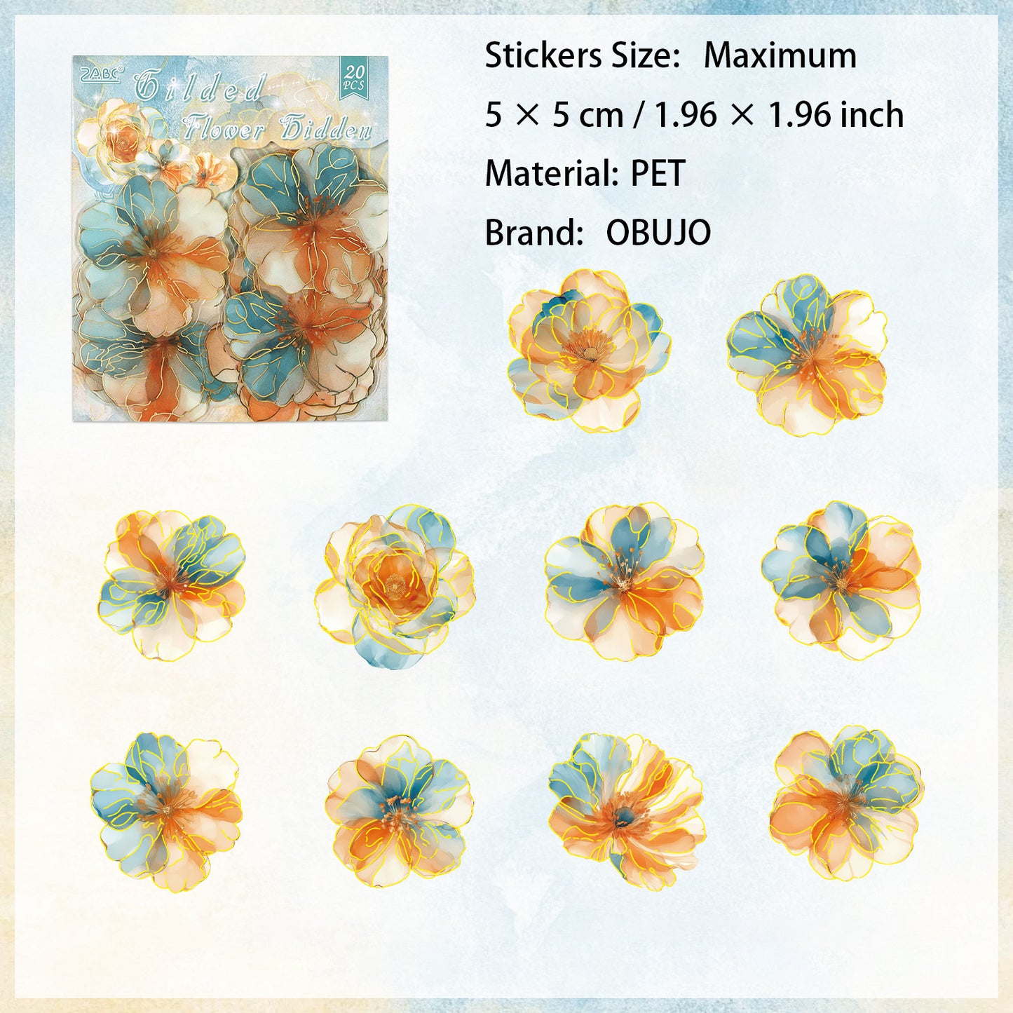 20 Pcs Gold Foil PET Flower Stickers XCHH