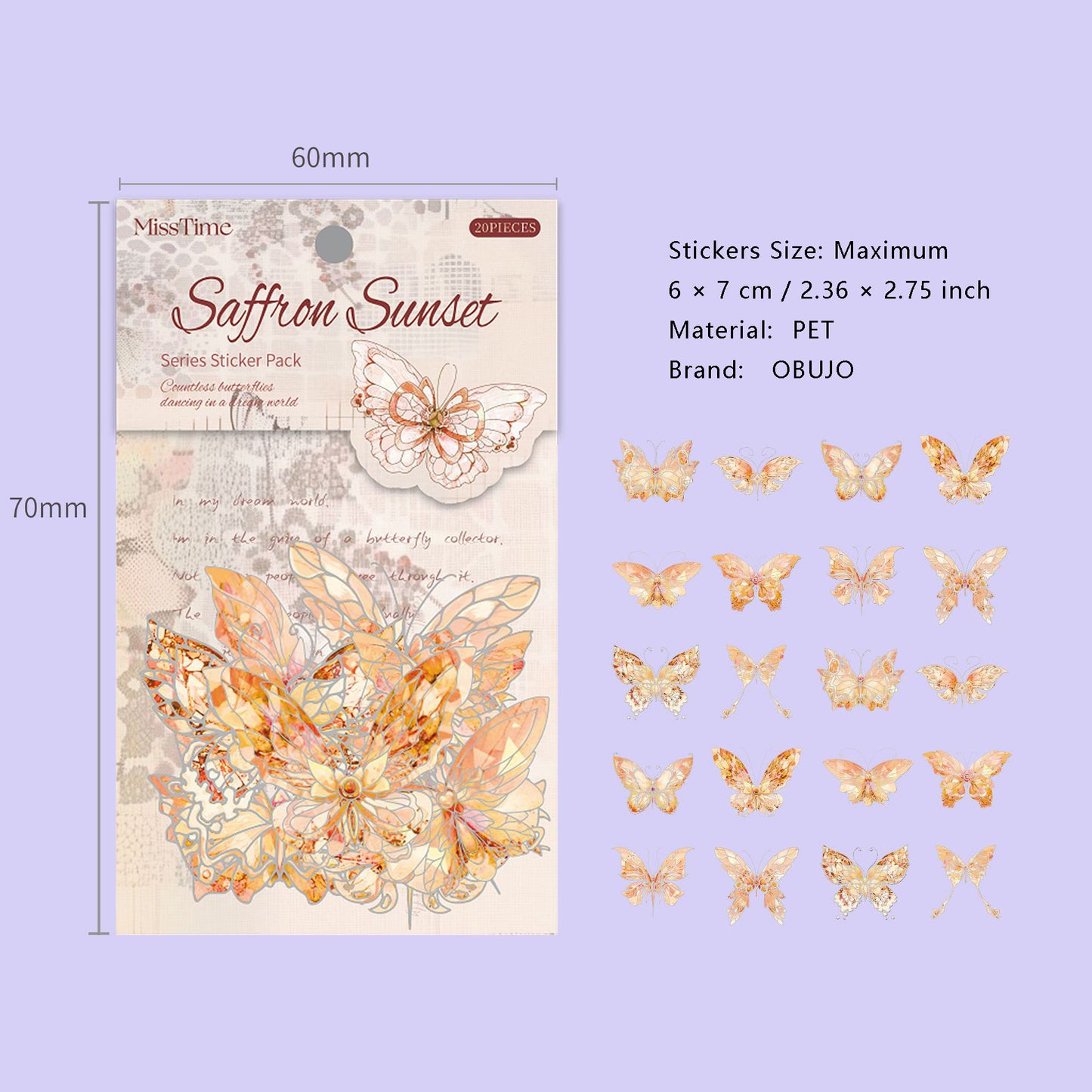 20 Pcs Shell Light Butterfly PET Stickers SYHD