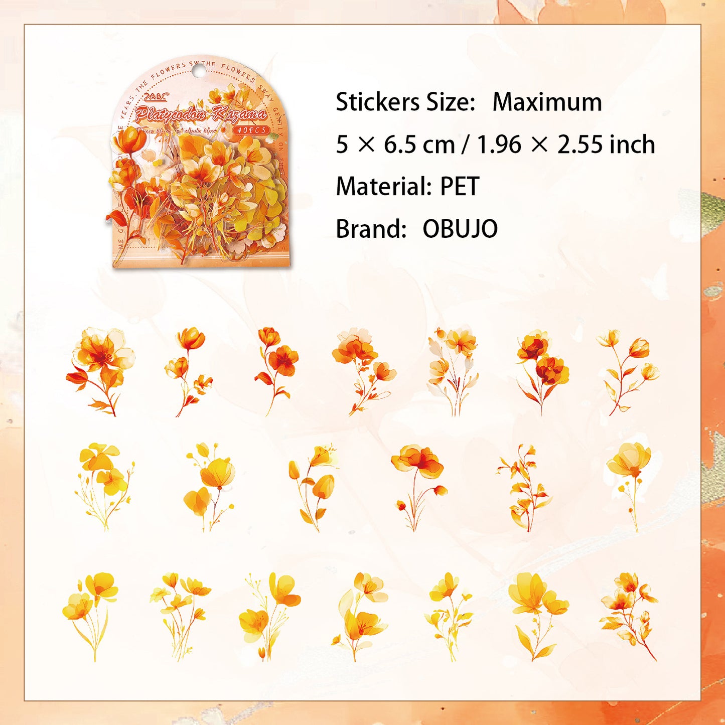 40 Pcs Watercolor Flower PET Stickers HKYS