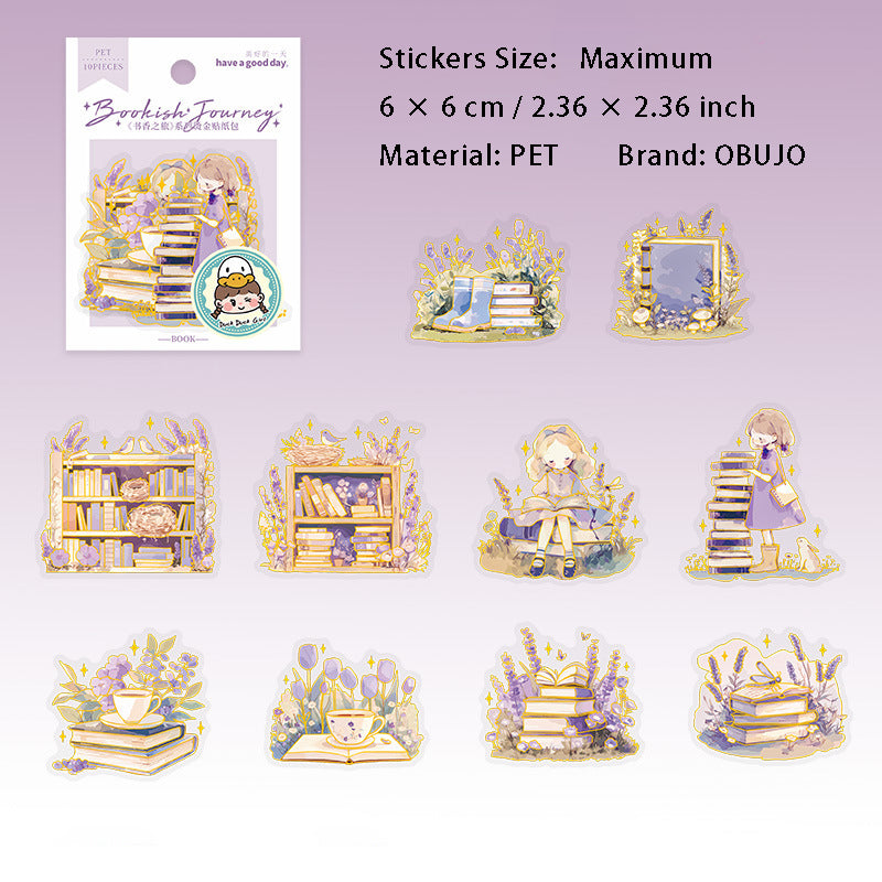 10 Pcs Gold Foil Bookish PET Stickers SXZL