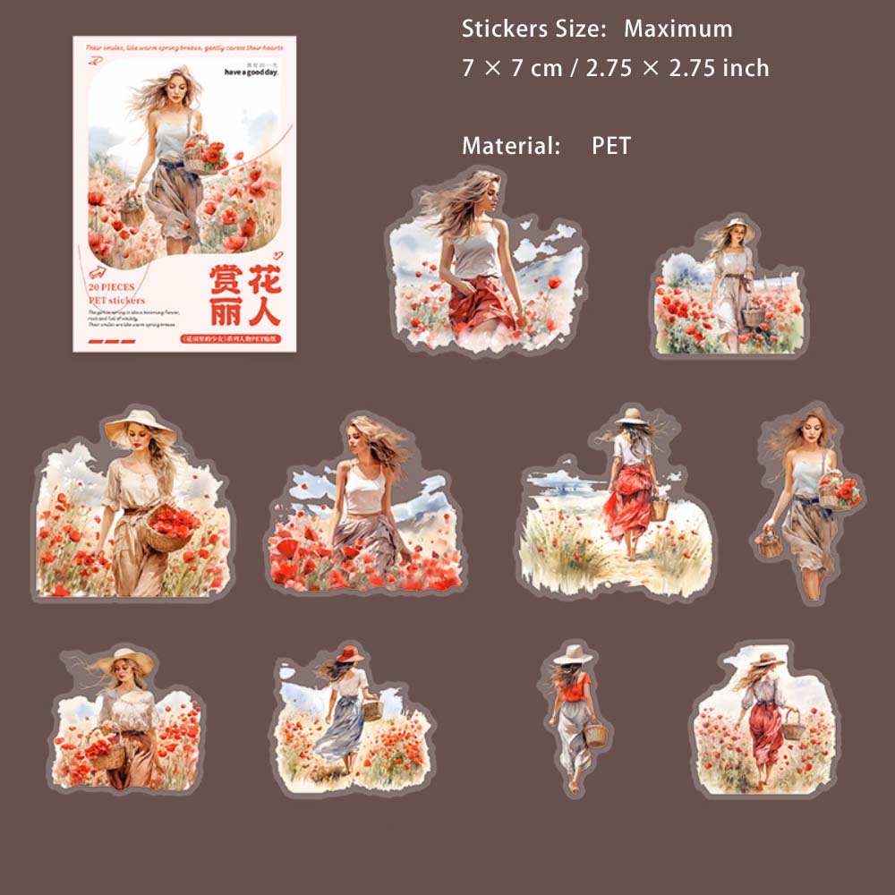 20 Pcs Flower Girl PET Stickers HTLDSN
