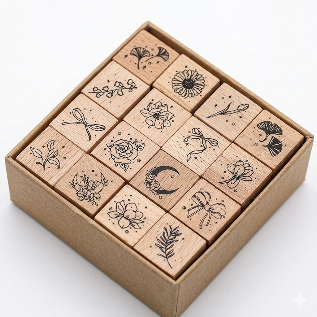 12 Pcs Celestial Flora Vintage Stardust Botanical Wooden Stamp Set