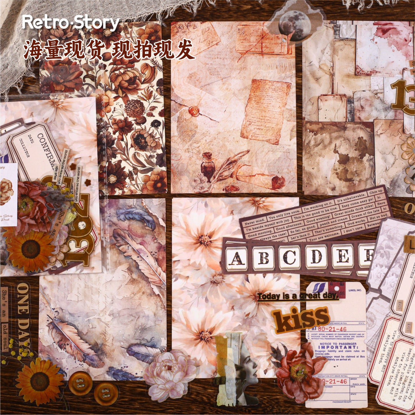 50 Pcs Vintage Floral Journal Paper and Stickers Kit DLHY