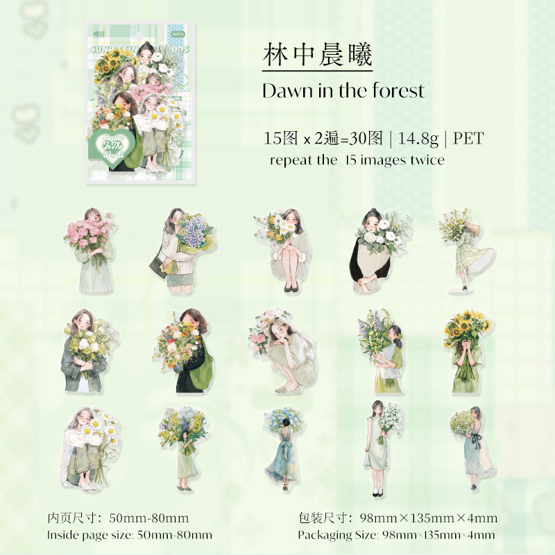30 Pcs PET Girl with Flower Stickers PHSN