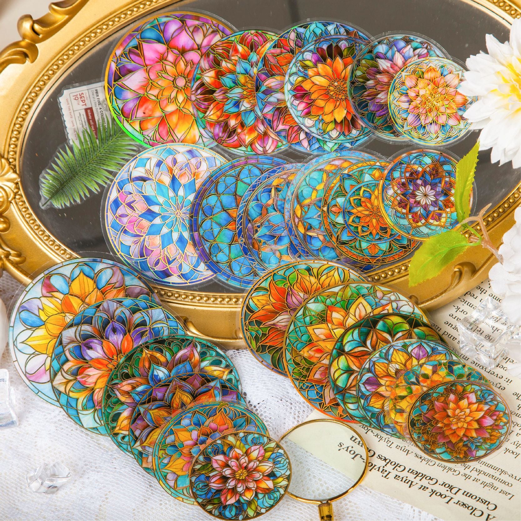 12 Pcs Round Flowers PET Stickers LLMTL