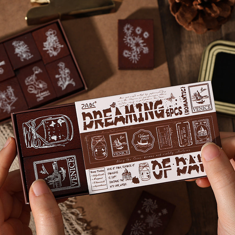 6 Pcs Vitnage Flower Firework Wooden Stamp Kit YYZY